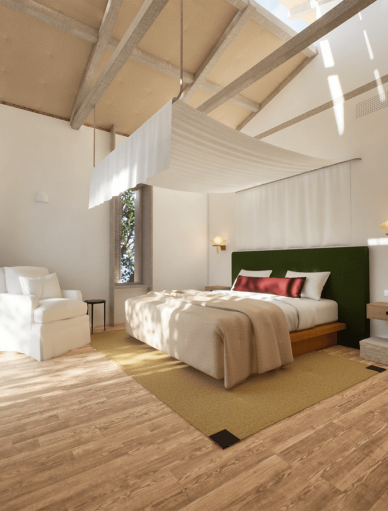 Each room at Ahama stands out with its deep connection to the forest and the sea. Daylight streaming in through large windows brings a soft serenity to the interiors, furnished with a wabi-sabi aesthetic. Natural stones, wooden textures and handcrafted details invite you to slow down and enjoy the moment.