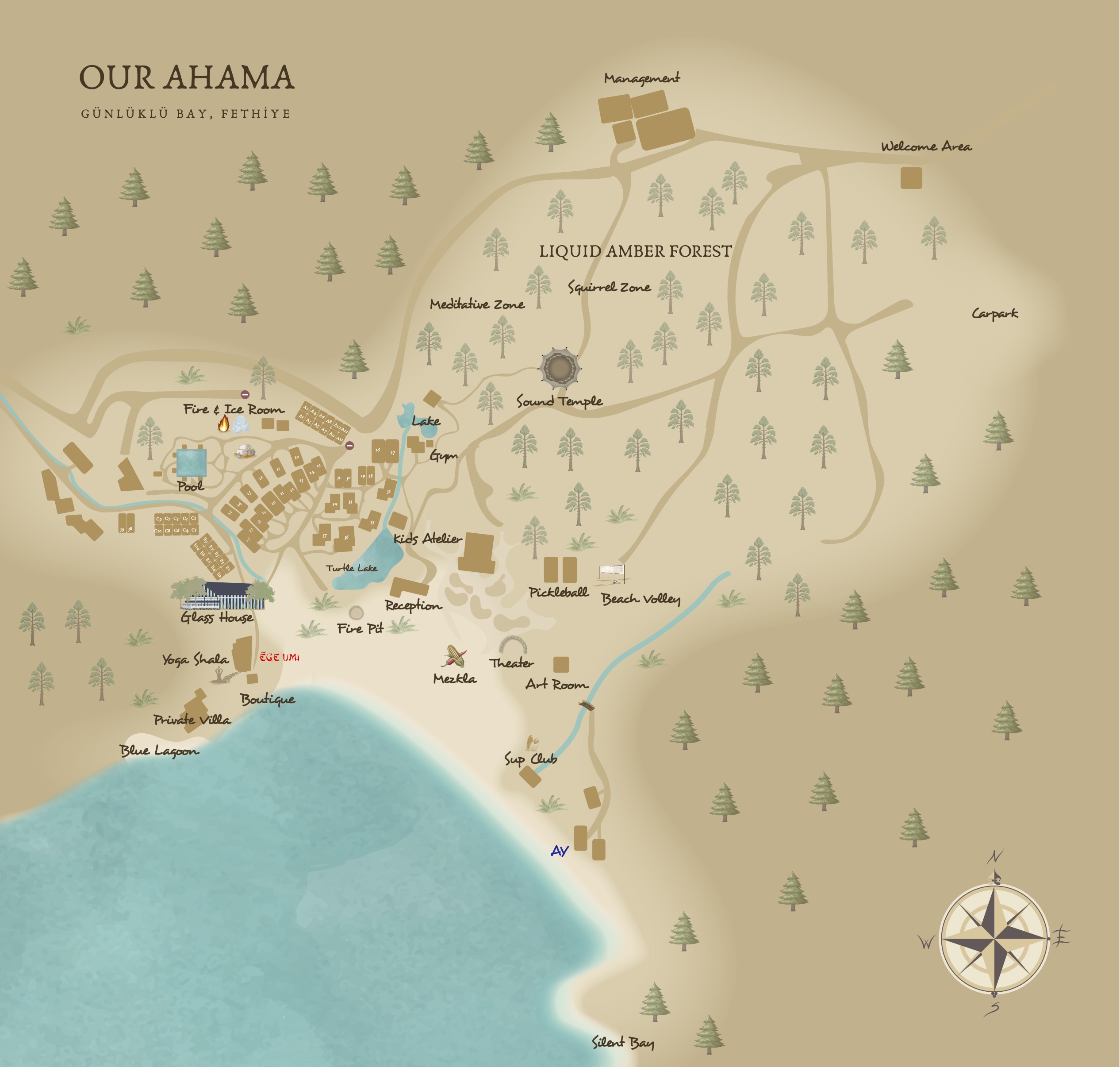Built on 20 hectares of protected forest, Ahama architectural plan offers a layout integrated with quiet luxury, healthy living in nature and wabi-sabi interiors.